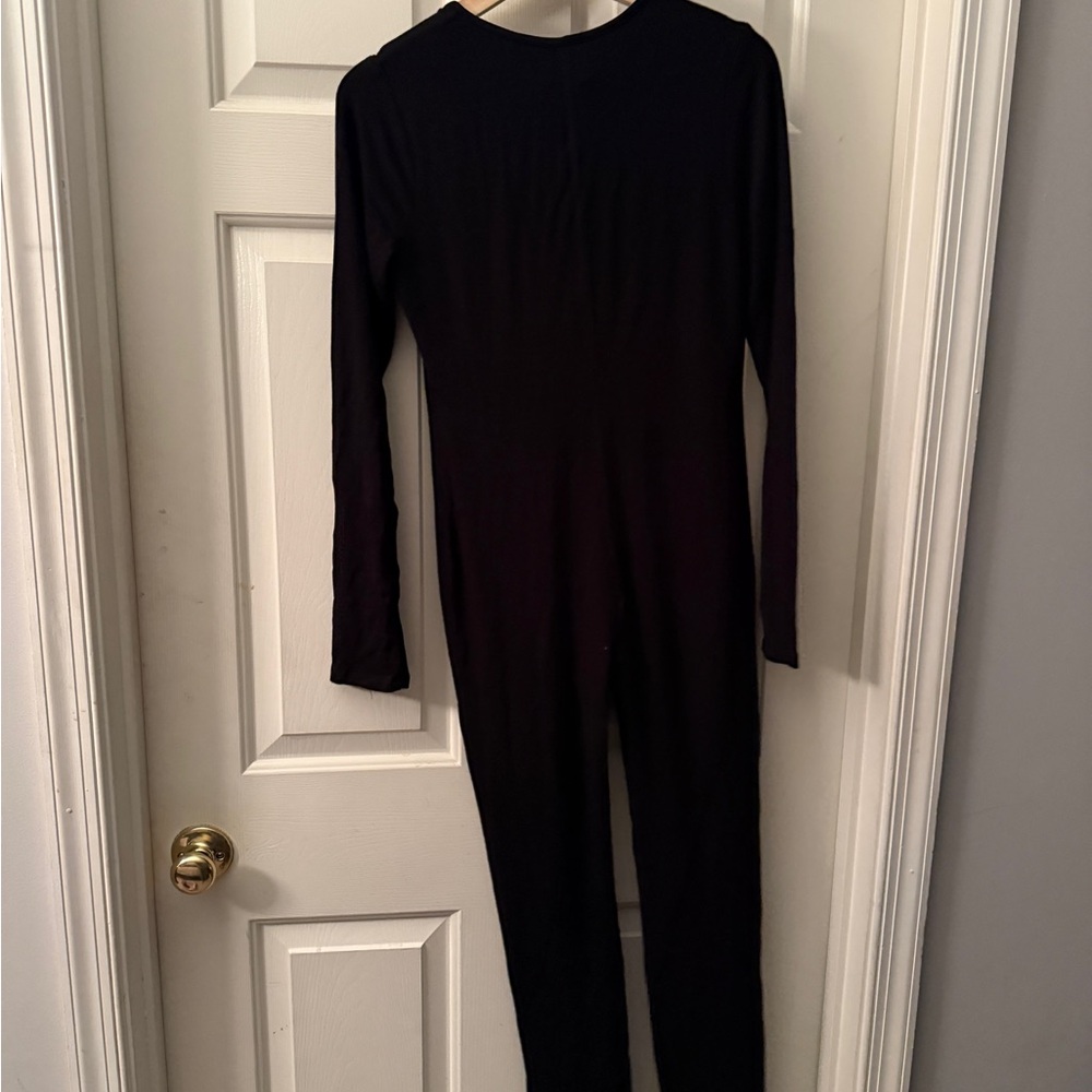 Black Long Sleeve Deep V neck Jumpsuit - Picture 3 of 4